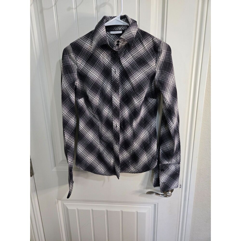 New York & Company Women’s XS Plaid Button Down Shirt Black Gray White Stretch
